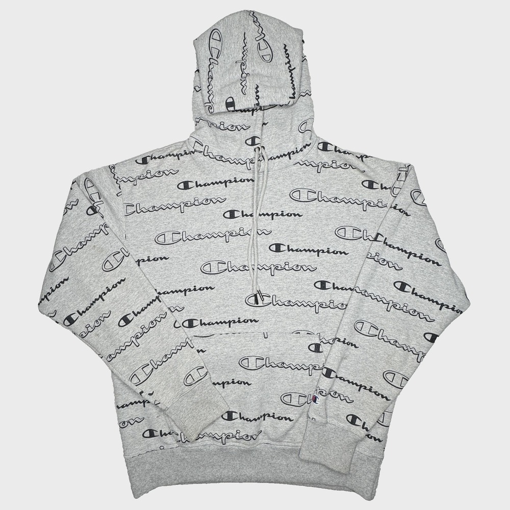 Champion Hoodie Sweatshirt Mens Sz Medium Gray All Over Print Pullover AOP Gym